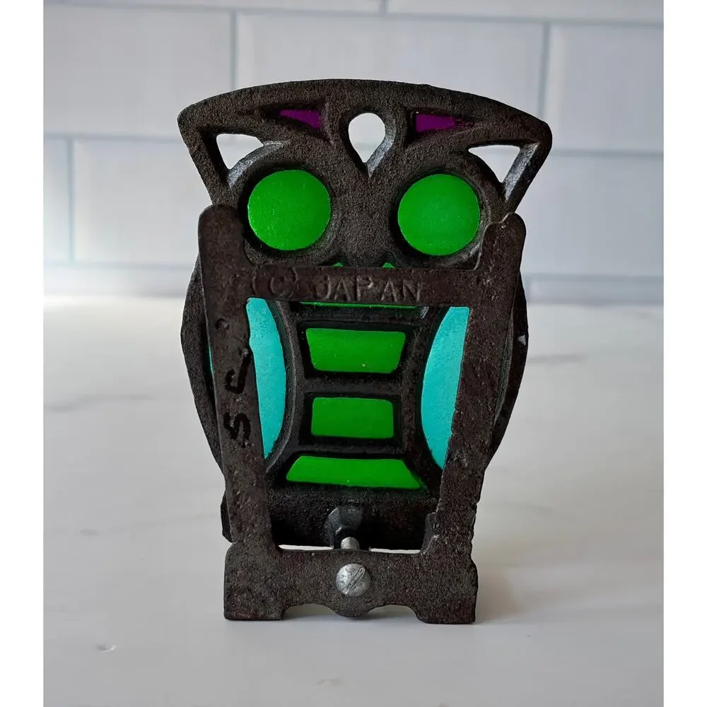 Vintage Cast Metal Owl Napkin Holder | Faux Stained Glass Adjustable Clamp